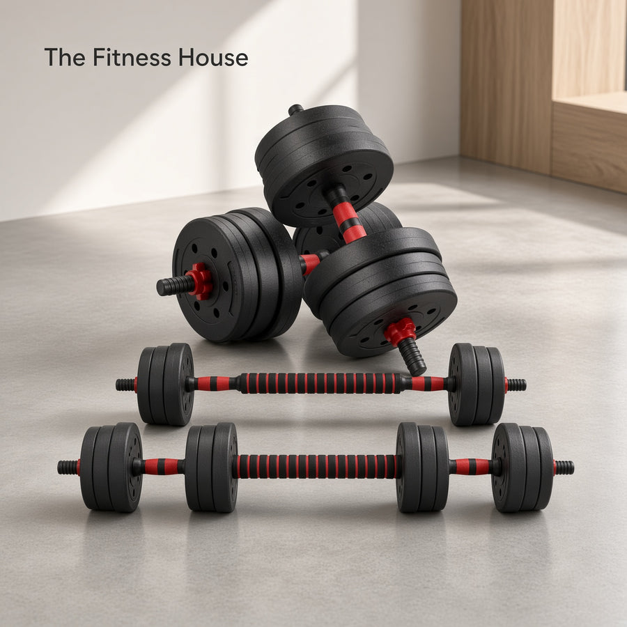 3-in-1 Dumbbells Set 20 kg Adjustable Dumbbells with Extra Barbell Bar Plastic-Coated Weight Plates Fitness Exercise Home Gym